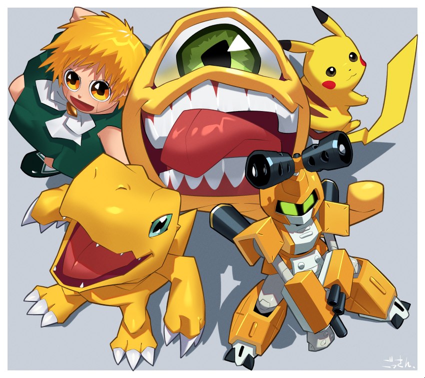 anthro blush claws clothed clothing fangs feral fur green_eyes group hair machine male open_mouth simple_background smile teeth tongue yellow_body yellow_eyes yellow_fur gossan bandai_namco digimon medabots monster_rancher nintendo pokemon tecmo zatch_bell! metabee_(anime) zatch_bell agumon digimon_(species) dinosaur generation_1_pokemon humanoid mammal metabee pikachu pokemon_(species) prehistoric_species reptile robot rodent scalie suezo_(monster_rancher) crossover digital_media_(artwork)