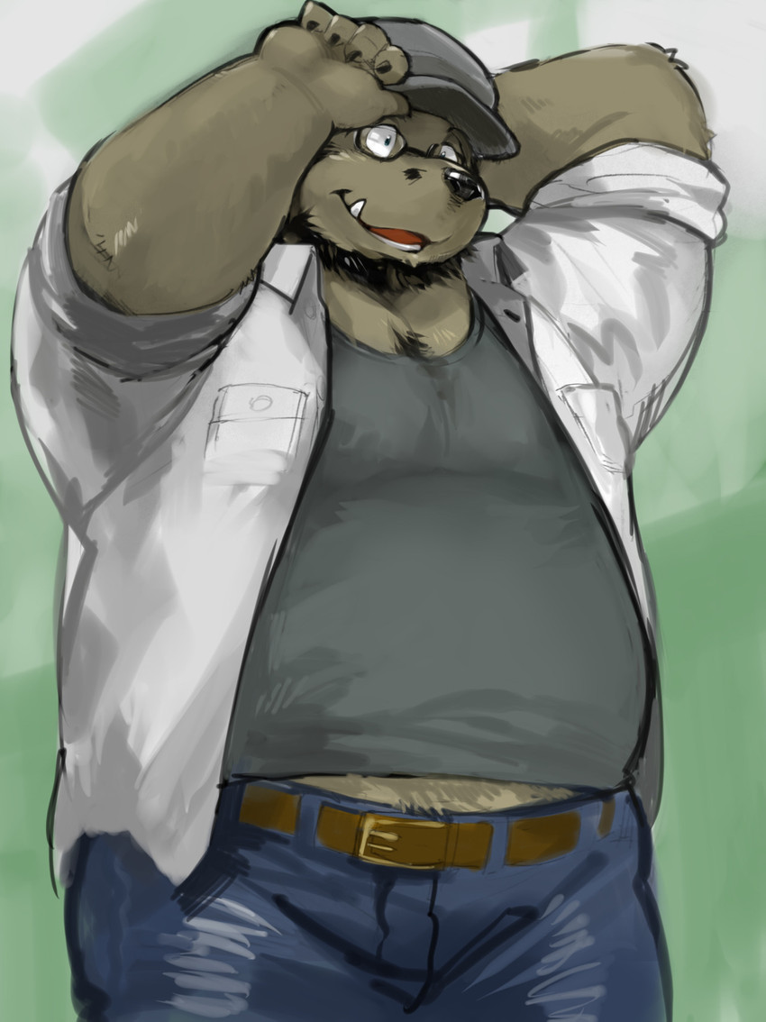 anthro beard belly bottomwear brown_body brown_fur clothing eyewear facial_hair fur glasses humanoid_hands kemono male overweight overweight_anthro overweight_male pants shirt solo topwear kita_9999 love_mechanic tom_(lm) bear mammal 2014 hi_res