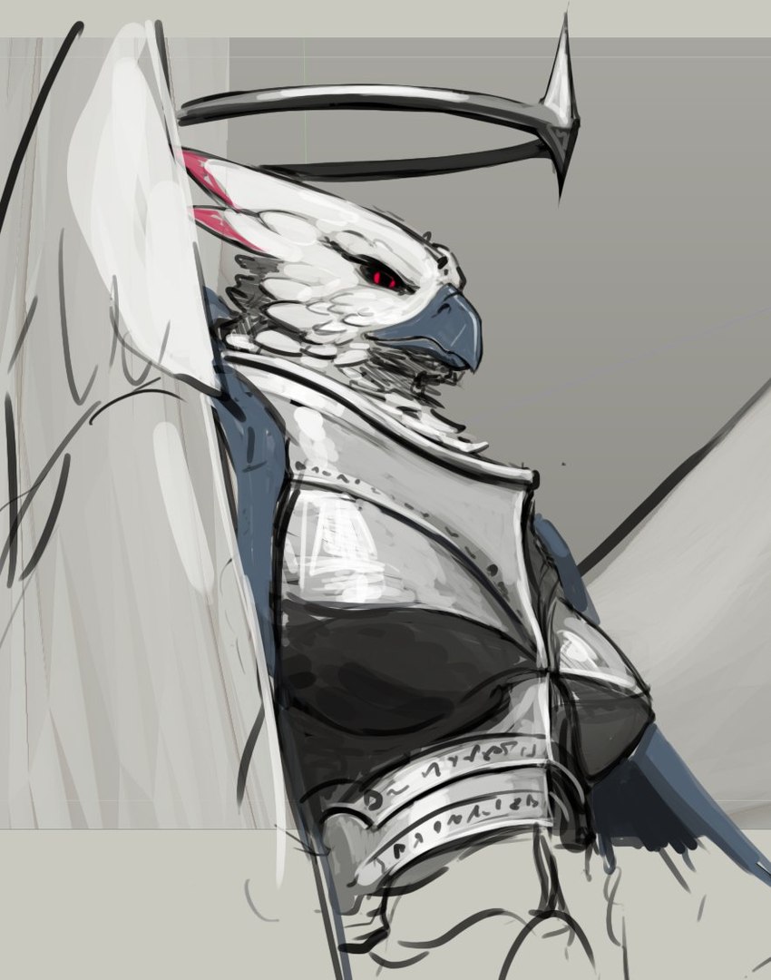 anthro armor beak bevor boob_armor breastplate chest_armor clothing cuirass engraved_armor engravings feathered_crest feathers female grey_background grey_beak grey_clothing halo head_crest inscripted_armor inscription large_wings metal_armor plate_armor red_accents red_eyes simple_background solo spiked_halo white_body white_feathers glewes avian bird falconid colored_sketch guide_lines half-length_portrait portrait sketch