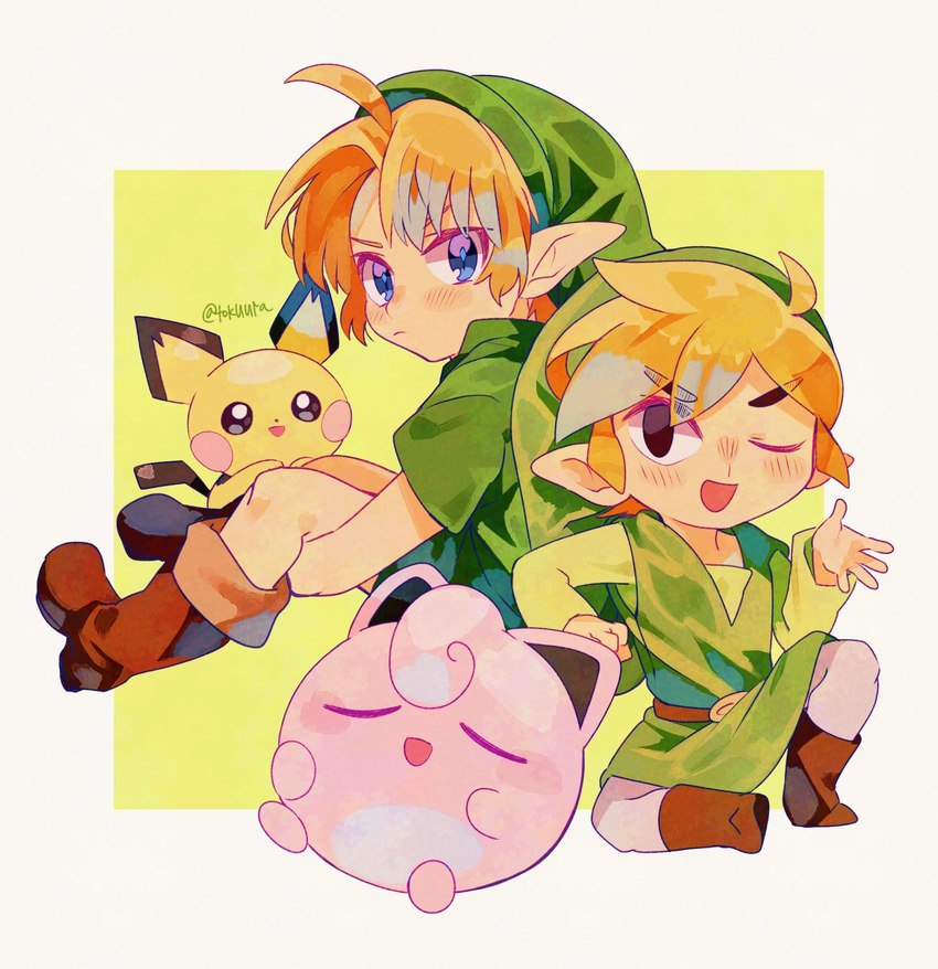 ambiguous_gender blonde_hair boots clothing footwear group hair humanoid_pointy_ears light_body light_skin looking_at_viewer male not_furry open_mouth open_smile pointy_ears shirt shoes simple_background sitting smile square_crossover topwear tunic tokuura nintendo ocarina_of_time pokemon super_smash_bros. the_legend_of_zelda wind_waker toon_link young_link generation_1_pokemon generation_2_pokemon humanoid hylian jigglypuff pichu pokemon_(species) hi_res signature