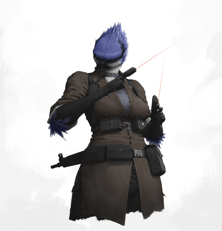 anthro big_breasts blue_body breasts dual_wielding feathers female gun handgun holding_gun holding_object holding_ranged_weapon holding_weapon laser_sight non-mammal_breasts pistol ranged_weapon simple_background solo submachine_gun tactical_gear weapon yellow_eyes mikelocesterlanders avian bird absurd_res half-length_portrait hi_res portrait