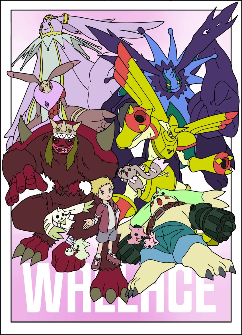 anthro armor black_body blonde_hair blue_eyes brown_body brown_fur evolutionary_family fur group gun_arm hair headgear helmet long_ears male pink_body white_body white_fur tasishomeos bandai_namco digimon willis_(digimon) antylamon cherubimon cherubimon_(evil) cherubimon_(good) digimon_(species) gargomon human lopmon mammal rapidmon terriermon wendigomon hi_res