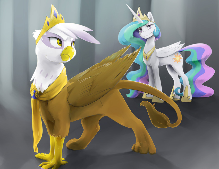 crown duo female feral hair headgear horn looking_back multicolored_hair royalty smile wings silfoe friendship_is_magic hasbro my_little_pony mythology gilda_(mlp) princess_celestia_(mlp) avian equid equine gryphon mammal mythological_avian mythological_creature mythological_equine winged_unicorn