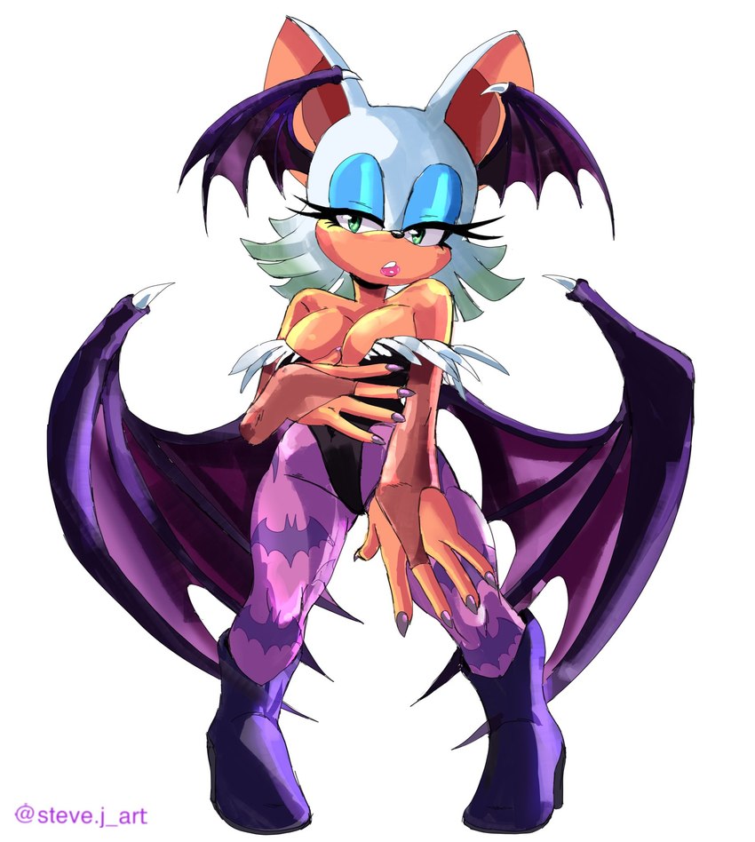 anthro bare_shoulders boots breasts cleavage clothed clothing cosplay crossover_cosplay eyeshadow female footwear fur high_heeled_boots high_heels makeup membrane_(anatomy) membranous_wings narrowed_eyes shoes simple_background solo tan_body tan_skin white_body white_fur wings steve_jones capcom darkstalkers sega sonic_the_hedgehog_(series) morrigan_aensland rouge_the_bat bat mammal crossover hi_res signature