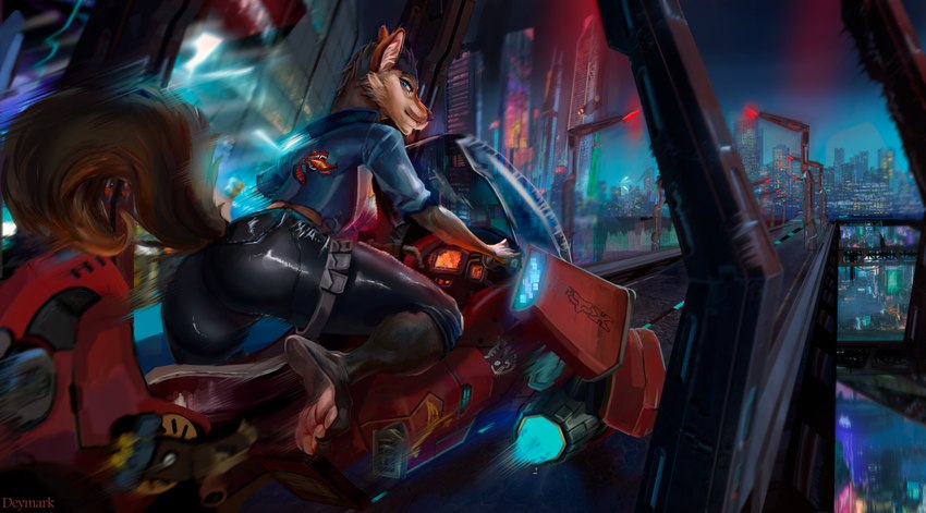 anthro biker biker_jacket butt city city_background cityscape clothing cyberpunk emblem female freeway highway jacket logo motorcycle night pawpads paws solo speed_lines topwear vehicle deymark legend_of_ahya murana_wolford_(darkflame-wolf) canid canine canis mammal wolf hi_res