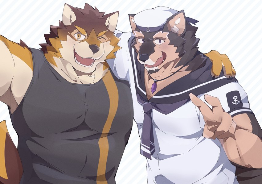 anthro arm_around_shoulders biceps clothing countershading duo jewelry male male/male muscular muscular_anthro muscular_male necklace one_eye_closed sailor_hat sailor_uniform shirt tank_top topwear wink sakehabera lifewonders live_a_hero barrel_(live_a_hero) pubraseer canid canine canis domestic_dog mammal wolf hi_res