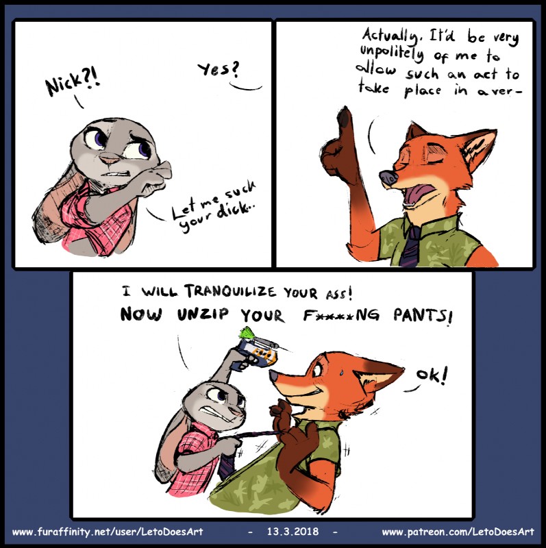 4_fingers anthro black_border border clothed clothing clothing_pull female fingers forced imminent_rape imminent_sex male necktie necktie_pull purple_eyes text tranquilizer letodoesart disney zootopia judy_hopps nick_wilde canid canine fox lagomorph leporid mammal rabbit red_fox true_fox comic english_text hi_res url