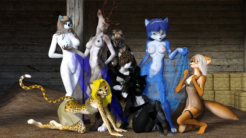 anthro blue_body blue_fur blue_hair breasts clothed clothing erection female fur genitals group gynomorph hair humanoid_genitalia humanoid_penis intersex nipples nude penis pussy smile translucent translucent_clothing white_body white_fur littlefisky microsoft nintendo star_fox the_elder_scrolls krystal_(star_fox) lilith_(angry_cat) sally_(angry_cat) canid canine canis cheetah domestic_cat domestic_dog felid feline felis fox khajiit mammal meinkun 16:9 3d_(artwork) 4k absurd_res crossover digital_media_(artwork) hi_res widescreen