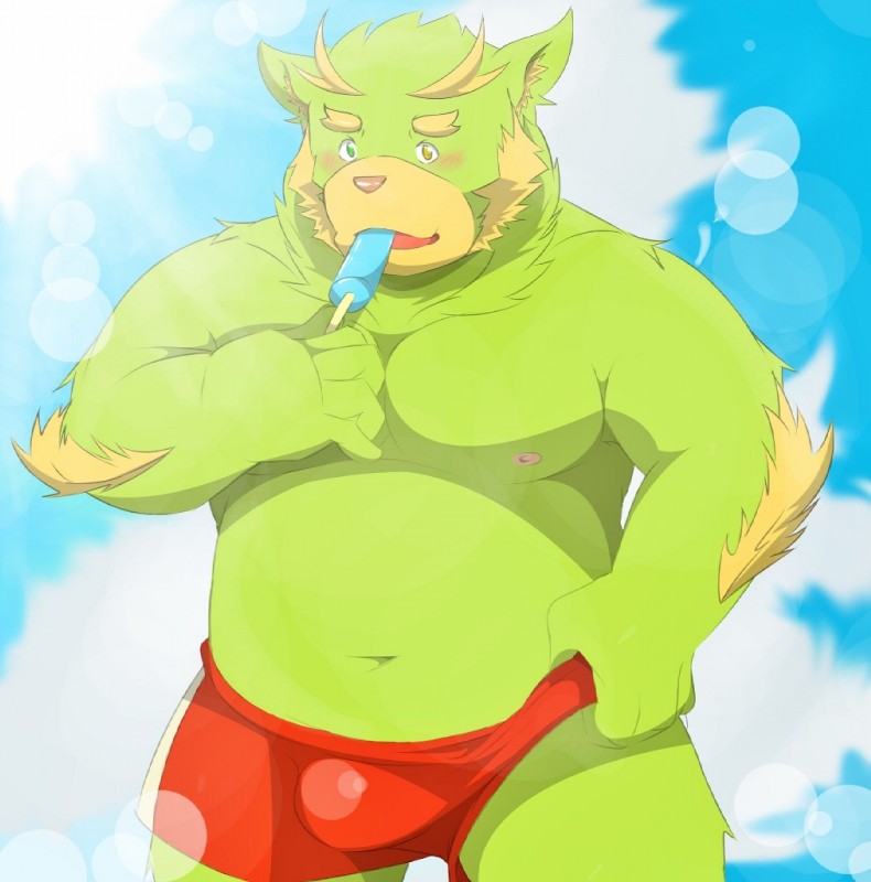 anthro belly blush bulge clothing food fur green_body green_fur male moobs navel nipples outside overweight overweight_anthro overweight_male popsicle sea_salt_ice_cream solo swimwear kougyou bear mammal 2014