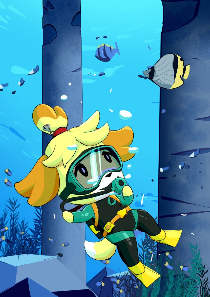 anthro chibi clothing diving diving_mask female mask scuba solo swimwear wetsuit chef_cheiro_(artist) animal_crossing nintendo isabelle_(animal_crossing) canid canine canis domestic_dog mammal hi_res