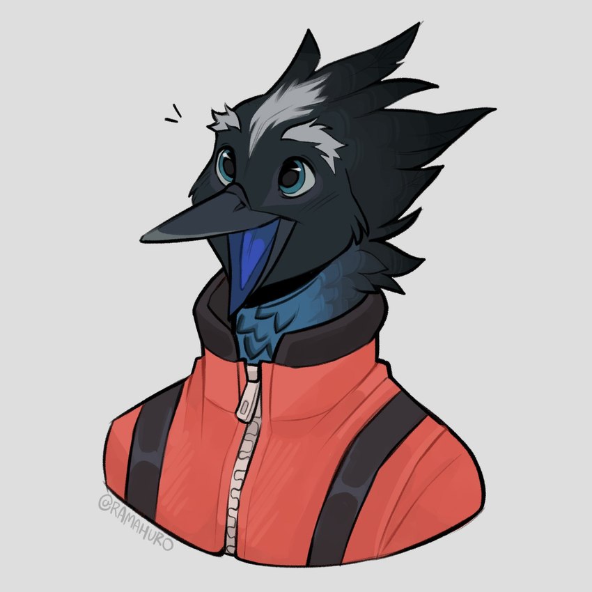 anthro beak blue_tongue clothed clothing eyebrows male open_mouth open_smile smile solo tongue zipper ramahuro avian bird corvid oscine passerine 1:1 hi_res