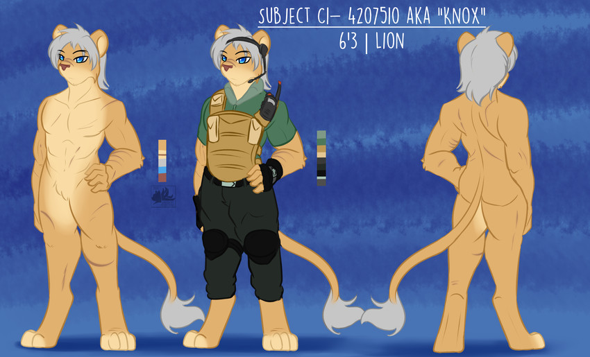 clothing color_swatch hair male military_uniform muscular nude solo super_soldier uniform white_hair zakurujay knox_(hunterx90) felid lion mammal pantherine absurd_res digital_media_(artwork) full-length_portrait hi_res model_sheet portrait