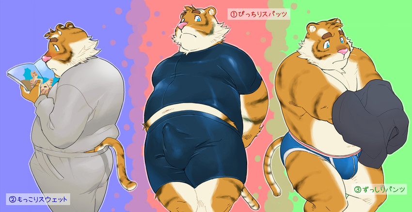 anthro belly bottomwear bulge clothed clothing erection erection_under_clothing humanoid_hands kemono male overweight overweight_anthro overweight_male pants pink_nose shirt solo text topwear underwear kira_nerisu felid mammal pantherine tiger 2010 japanese_text