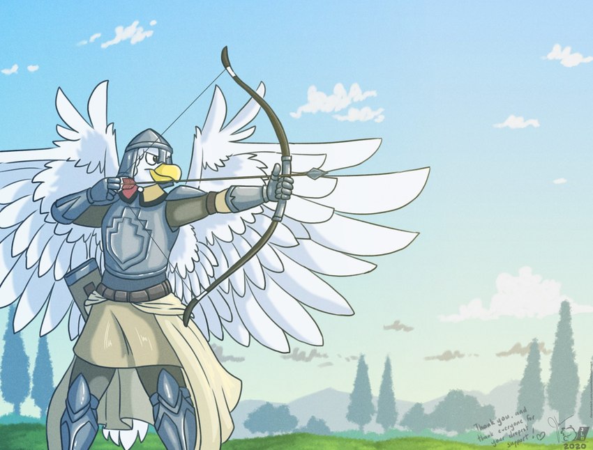 5_fingers anthro archer armor arrow_(weapon) back_wings beak belt blue_sky bow_(weapon) breastplate brown_belt clothing cloud day detailed_background feathers fingers gauntlets gloves gradient_sky grass grey_eyes hair handwear headgear helmet hill holding_bow_(weapon) holding_object holding_ranged_weapon holding_weapon male narrowed_eyes one_eye_obstructed pauldron plant quiver_(object) ranged_weapon red_clothing sky smile solo sunrise tail tail_feathers tan_clothing tree tuft weapon white_hair wing_tuft wings yellow_beak sammfeatblueheart felix_radziwill_(kinrovaldis) avian bird 2020 shaded signature