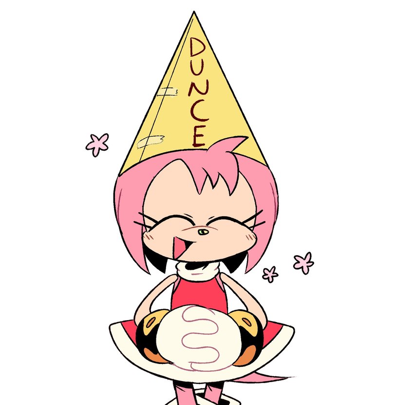 anthro clothing dunce_cap eyes_closed female fur happy hat headgear headwear pink_body pink_fur shitpost simple_background smile solo thin_thighs white_background spinstellar sega sonic_the_hedgehog_(series) amy_rose eulipotyphlan hedgehog mammal 2023 hi_res meme