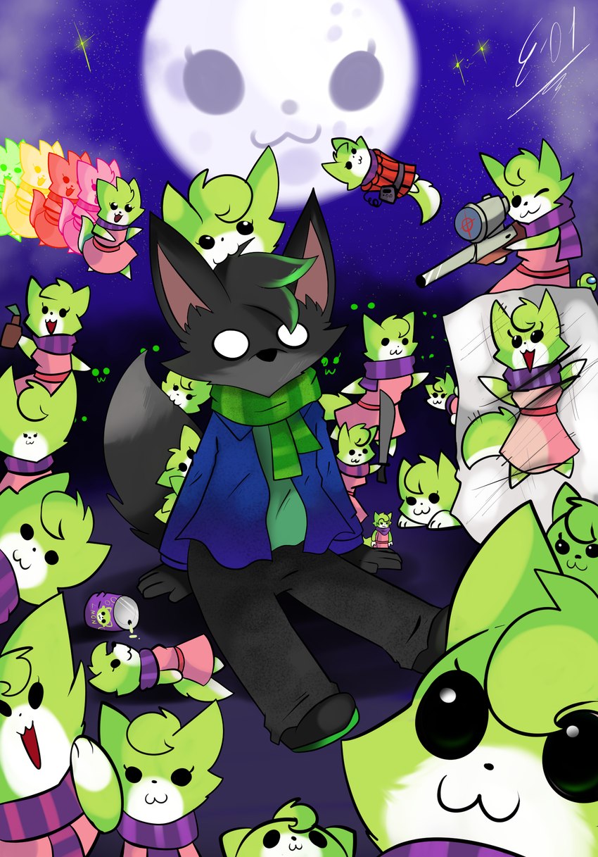 anthro beverage beverage_can black_body black_fur black_nose body_pillow breasts clothed clothing crowd dakimakura dakimakura_pillow dark_body dark_fur duo dynamite explosives female fur green_body green_eyes green_fur group gun hair handgun holding_gun holding_object holding_ranged_weapon holding_weapon lying machete male male/female melee_weapon moon multicolored_body multicolored_fur night outside pillow public ranged_weapon rifle running scarf simple_background smile sniper sniper_rifle soda tail two_tone_body two_tone_fur weapon white_body white_fur e-01 cirme zero_one canid canine canis mammal wolf zerian_(species) absurd_res digital_media_(artwork) hi_res