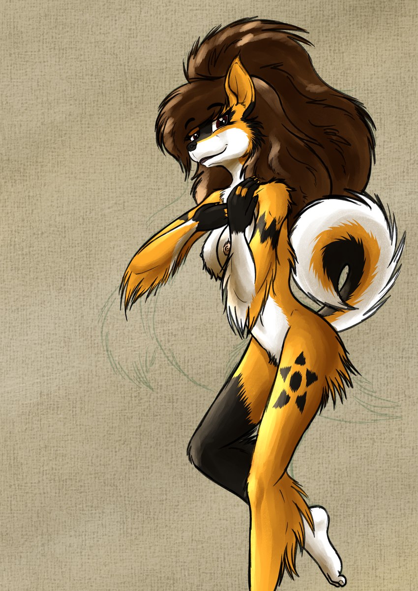 anthro brown_hair female fluffy fluffy_tail fur hair nude pose red_eyes solo tail yellow_body yellow_fur zaiksmckraven madlaine_mckraven canid canine canis domestic_dog german_spitz mammal pomeranian spitz hi_res pinup