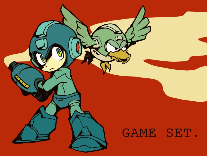 arm_cannon armor boots clothing duo footwear frown green_eyes headgear helmet machine male shoes simple_background smoke text teijiro capcom mega_man_(series) megaman_(classic) beat_(megaman) mega_man_(character) avian humanoid robot robot_humanoid english_text full-length_portrait portrait