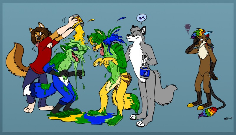 anthro bottomwear brush clothing denim denim_bottomwear denim_clothing group horn jeans male musical_note musical_symbol paint paintbrush pants rainbow smile splash stripes symbol tail tongue transformation wet spookaboo bovid canid canine canis caprine domestic_dog fox goat mammal 2009