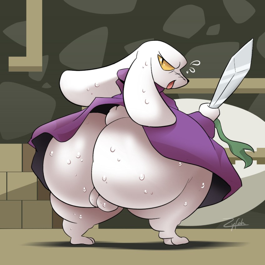 anthro balls big_butt bodily_fluids butt cloak cloak_only clothing genitals huge_butt hyper hyper_butt looking_at_viewer looking_back male melee_weapon open_mouth overweight overweight_anthro overweight_male robe scar solo sweat sweatdrop sweaty_butt sword tail tail_tuft tuft weapon white_body white_skin yellow_eyes zyfoh cave_story king_(cave_story) lagomorph leporid mammal mimiga rabbit 1:1