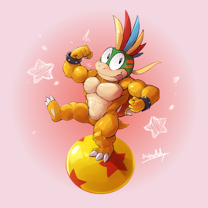 abs anthro balancing ball biceps big_muscles bracelet claws finger_claws flexing flexing_bicep huge_muscles jewelry male mohawk muscular muscular_anthro muscular_male muscular_thighs pecs shell simple_background solo spiked_bracelet spiked_shell spikes spikes_(anatomy) toe_claws tongue tongue_out waddledox mario_bros nintendo koopaling lemmy_koopa koopa reptile scalie turtle 1:1 absurd_res hi_res