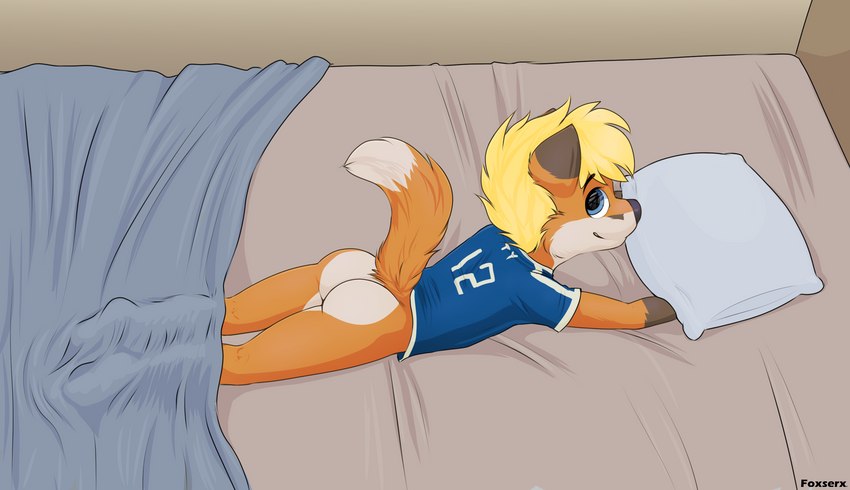 anthro ass_up bed bed_sheet bedding bedroom butt clothed clothing furniture male orange_body smile solo suggestive tail young young_anthro foxserx tycloud canid canine fox mammal cel_shading hi_res shaded