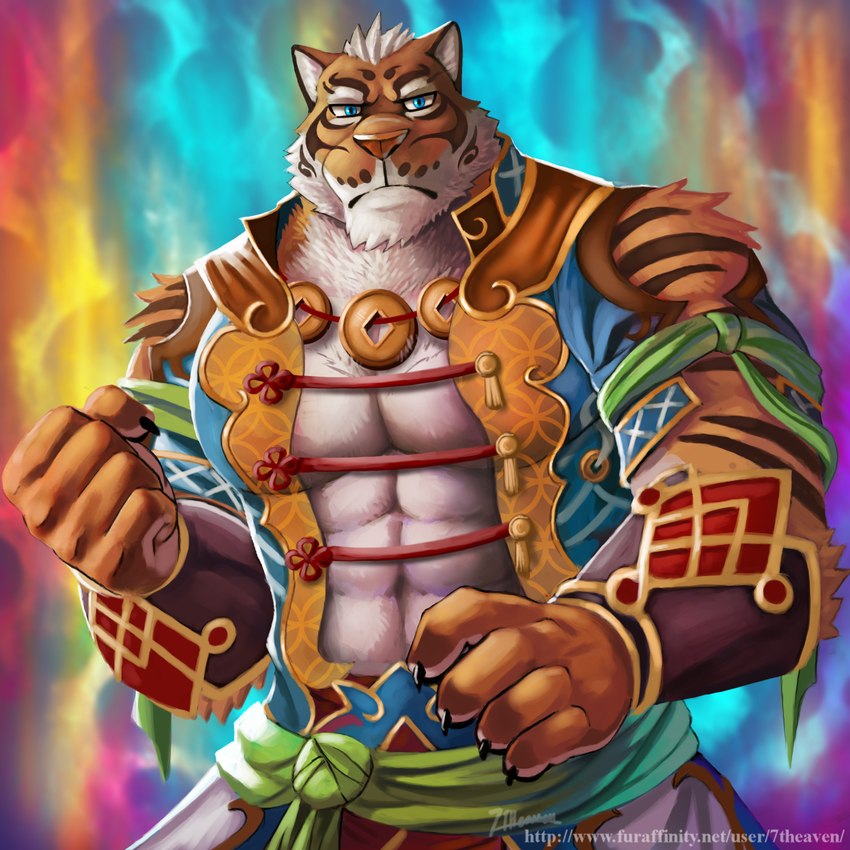 5_fingers anthro blue_eyes clothing countershading fingers fist male muscular muscular_anthro muscular_male solo text 7theaven nekojishi studio_klondike lin_hu deity felid mammal pantherine tiger 1:1 2018 absurd_res hi_res url