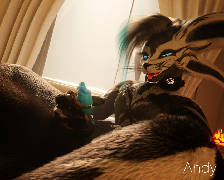 bed clothing fluffy fur furniture hair knot latex macro male pose vore andy_avalox c4d 3d_(artwork) absurd_res cinema_4d_(artwork) digital_media_(artwork) hi_res