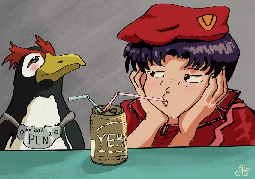 beak beverage_can blush clothing drunk duo female grabbing_face hair hat headgear headwear looking_at_another male male/female purple_hair simple_background substance_intoxication sven_wilhelm neon_genesis_evangelion misato_katsuragi pen_pen_(evangelion) avian bird human mammal penguin hi_res signature