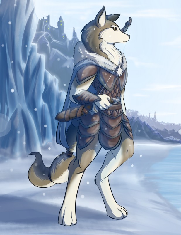 amber_eyes anthro armor barefoot biped bow_(weapon) braided_hair braided_tail brown_body brown_fur castle cloak clothed clothing dagger digitigrade feet female frown fur fur_clothing fur_coat fur_collar fur_trim_(clothing) hair lake melee_weapon mountain ranged_weapon snow snowing solo tail weapon white_body white_fur infinitedge armello league_of_geeks river_(armello) canid canine canis mammal wolf 2016 digital_media_(artwork) hi_res