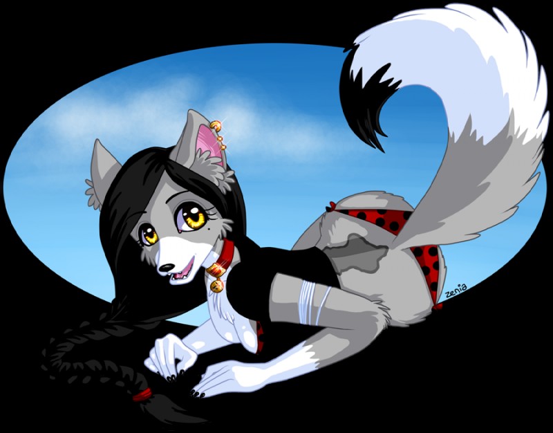 anthro black_hair braided_hair breasts cleavage clothed clothing collar dipstick_tail fangs female fur grey_body grey_fur hair looking_at_viewer markings open_mouth panties solo tail tail_markings teeth underwear yellow_eyes zenia zenia_(character) canid canine canis mammal wolf alpha_channel