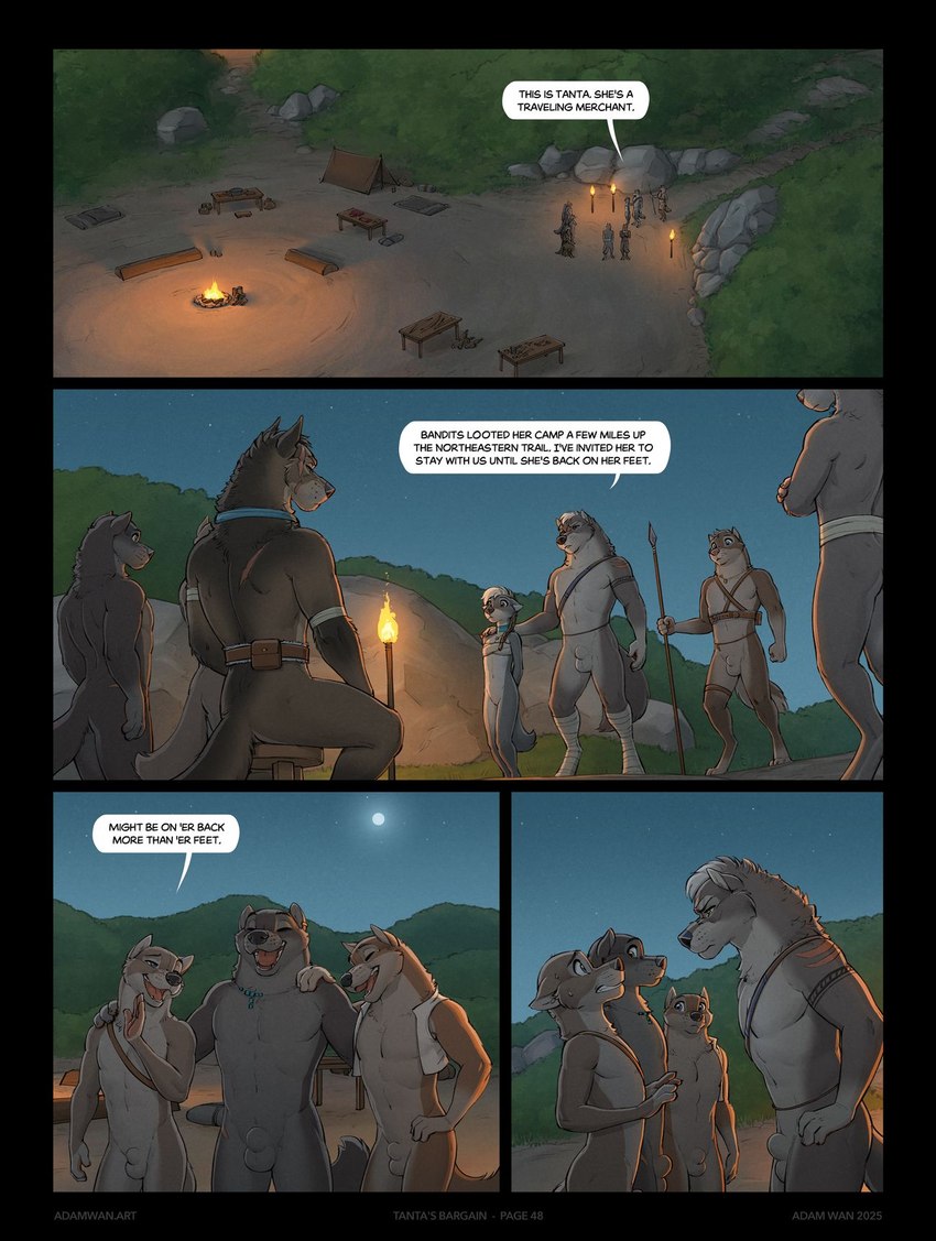animal_genitalia anthro balls black_nose bottomless bottomless_anthro bottomless_female breasts brown_body brown_fur butt campfire casual_nudity chest_wraps clothed clothing dialogue female fire fur genitals grey_body grey_fur group hair jewelry leg_wraps male melee_weapon mostly_nude mostly_nude_anthro mostly_nude_female necklace night nude nude_anthro nude_male open_mouth open_smile page_number polearm sheath sitting small_breasts smile spear speech_bubble standing teeth tent text tongue topwear tribal vest weapon white_hair wraps young young_female zaush beck_(zaush) decker_(zaush) ezra_(zaush) lance_(zaush) marin_(zaush) riktor_(zaush) tanta_(zaush) varta_(zaush) canid canine canis mammal wolf 2025 comic english_text hi_res father_(lore) father_and_child_(lore) father_and_son_(lore) parent_(lore) parent_and_child_(lore) parent_and_son_(lore) son_(lore)