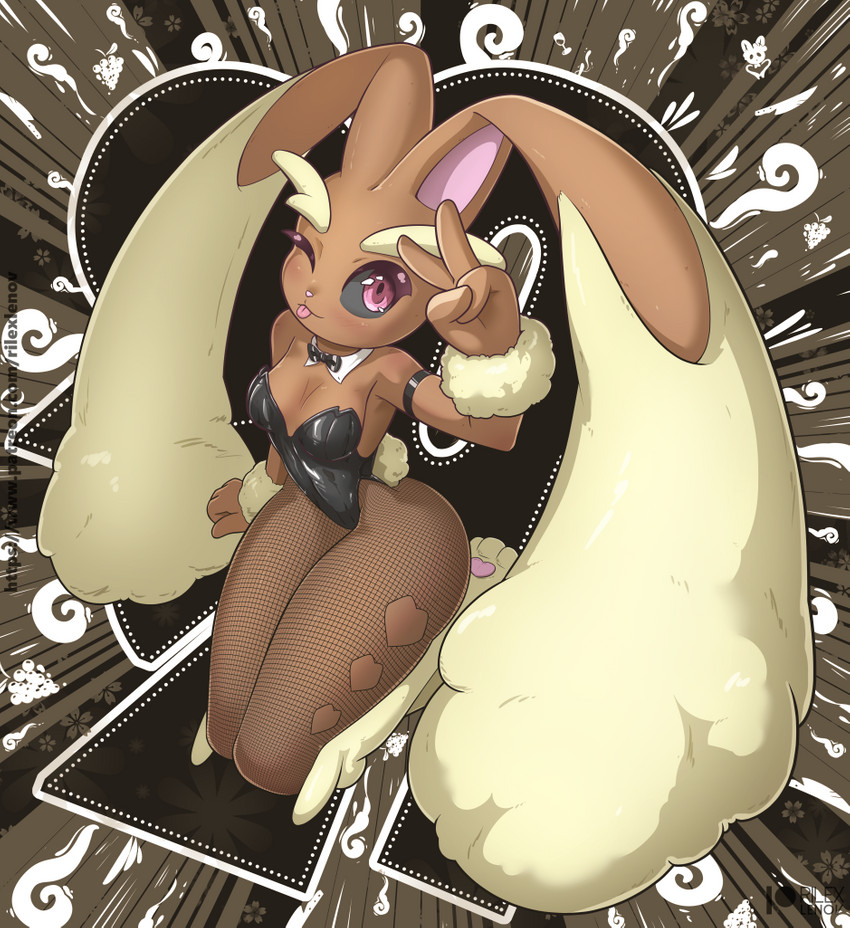 4_fingers anthro black_sclera blep bow_(feature) bow_in_front bow_tie breasts bunny_costume cleavage clothed clothing costume female fingers fishnet_clothing fishnet_legwear gesture hand_gesture holidays legwear looking_at_viewer one_eye_closed solo text thick_thighs tongue tongue_out v_sign wink rilex_lenov new_year nintendo pokemon lizzy_(rilex_lenov) generation_4_pokemon lopunny pokemon_(species) english_text url