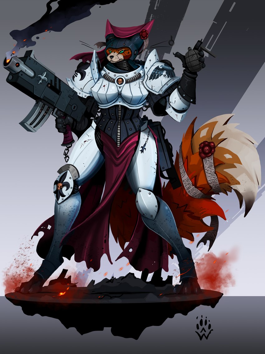 adepta_sororitas anthro armor bolter boob_armor clothing corset dipstick_tail explosives facial_scar female fluffy fluffy_tail green_eyes grenade holding_object holding_weapon lingerie markings purity_seal scar smoke solo tail tail_markings topwear weapon wolfdawg disney robin_hood_(disney) warhammer_(franchise) warhammer_40000 maid_marian sister_of_battle canid canine fox mammal red_fox true_fox absurd_res hi_res