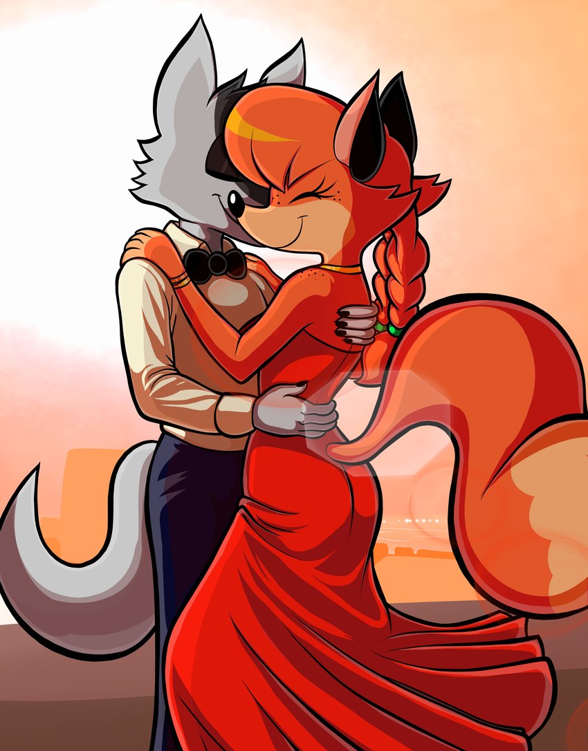 anthro building clothing dress duo female freckles hug jewelry male male/female raised_tail romantic romantic_couple sky sun sunset tail blackmore patricia_mac_sionnach rodolfo_sanchez canid canine canis fox iberian_wolf mammal red_fox true_fox wolf absurd_res hi_res