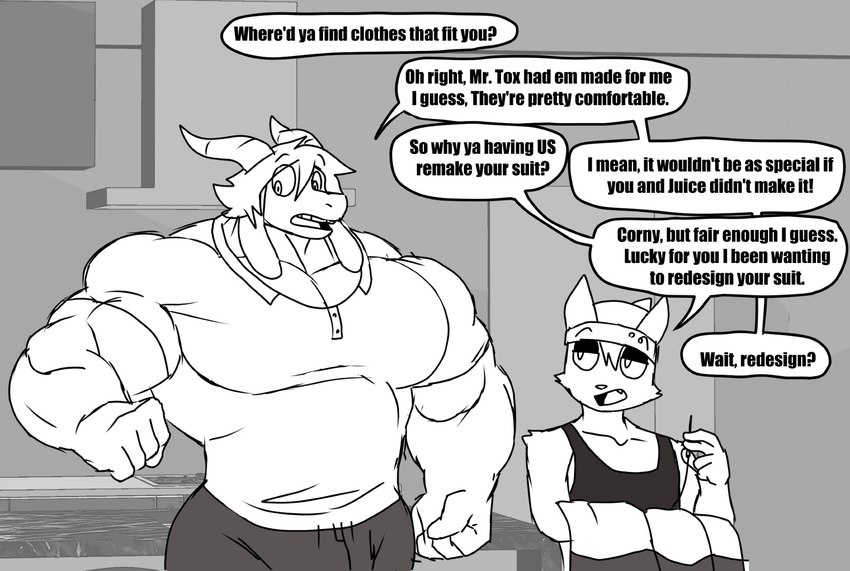 anthro arm_tuft beanie biceps big_muscles bottomwear clothing dark_eyelids dialogue duo hat headgear headwear horn huge_muscles long_ears male muscular pants pecs shirt shoulder_tuft speech_bubble tank_top tight_clothing topwear tuft parttimeyeen_(artist) dex_(parttimeyeen) gabriel_(parttimeyeen) bovid caprine domestic_cat felid feline felis goat mammal greyscale hi_res monochrome