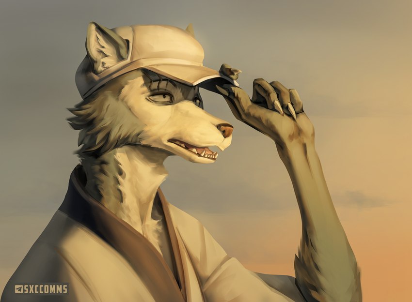 anthro claws clothed clothing cloud eye_scar facial_scar fangs fluffy hat headgear headwear male scar sky solo sunset teeth tipping_hat techiesxc beastars legoshi_(beastars) canid canine canis mammal wolf 2025 digital_media_(artwork) half-length_portrait hi_res portrait signature