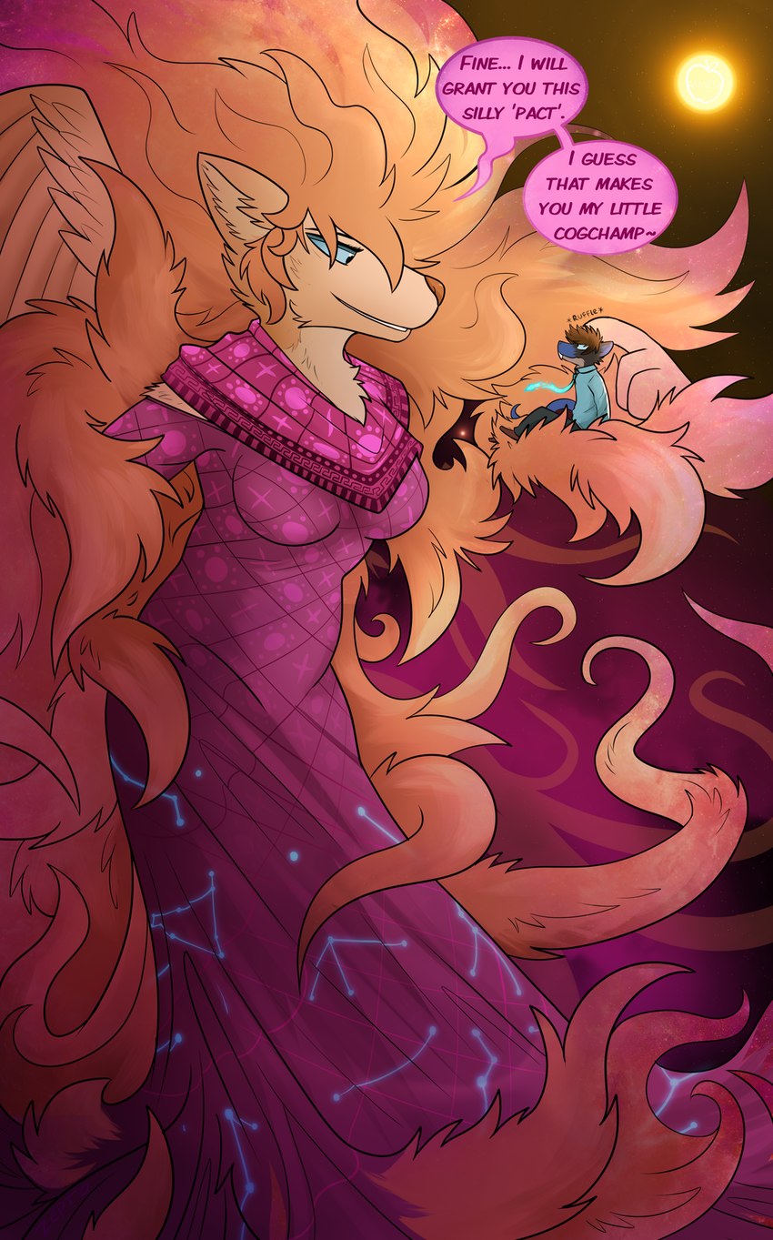 anthro breasts clothed clothing constellation dress duo female hair humor long_hair magic_user male necktie pun ruffling_hair size_difference smile sun text wings zeptophidia circe_(zeptophidia) eris canid canine deity mammal murid murine rat rodent 2021 english_text hi_res meme