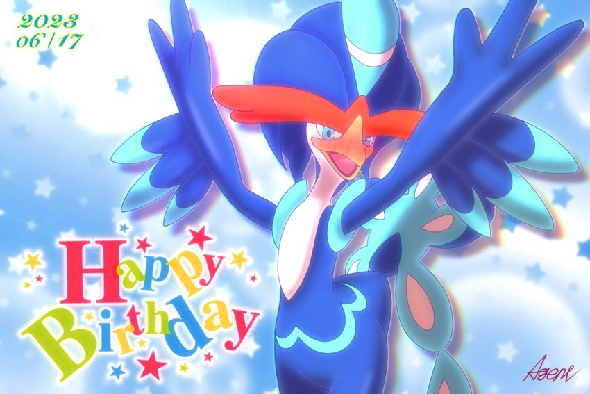 ambiguous_gender anthro beak biped blue_body blue_eyes blue_feathers blush chest_tuft feathers featureless_chest looking_at_viewer multicolored_body open_mouth simple_background solo text tuft wings agent_0730 nintendo pokemon shizuku_(kajinchu) avian generation_9_pokemon pokemon_(species) quaquaval 2023 digital_drawing_(artwork) digital_media_(artwork) hi_res