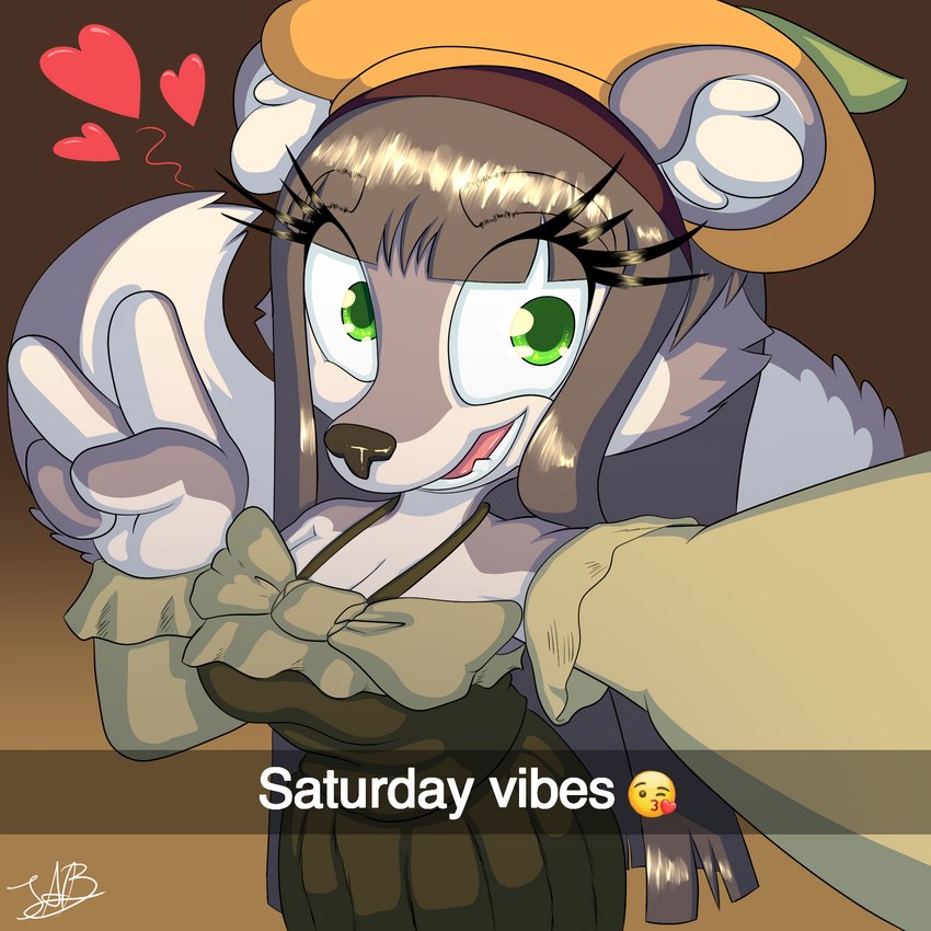 4_fingers anthro beret big_breasts breasts cleavage clothed clothing eyelashes female fingers fluffy fluffy_tail gesture green_eyes hair hand_gesture happy hat headgear headwear heart_symbol long_hair open_mouth open_smile pose selfie short_stack smile solo tail toony v_sign turkojar asiri_gavil mammal mephitid skunk 1:1 hi_res pinup