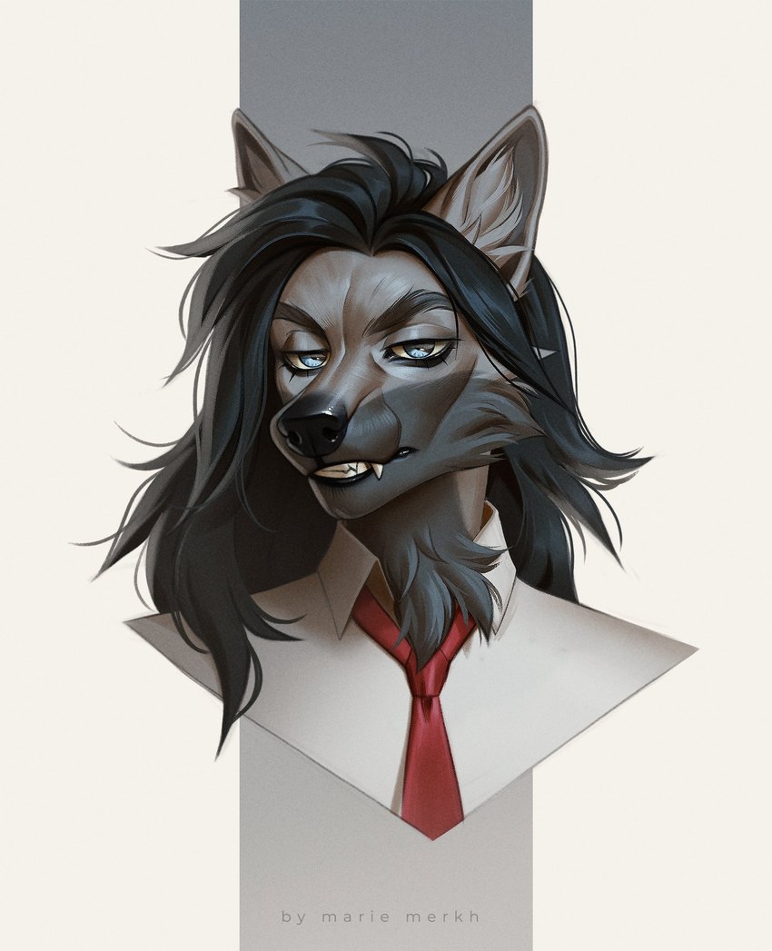 anthro black_hair black_nose blue_eyes cheek_tuft clothed clothing eyelashes facial_tuft front_view fur grey_body grey_fur hair looking_at_viewer male narrowed_eyes neck_tuft necktie red_necktie simple_background solo topwear tuft white_clothing white_topwear marie_merkh canid canine canis mammal bust_portrait hi_res portrait