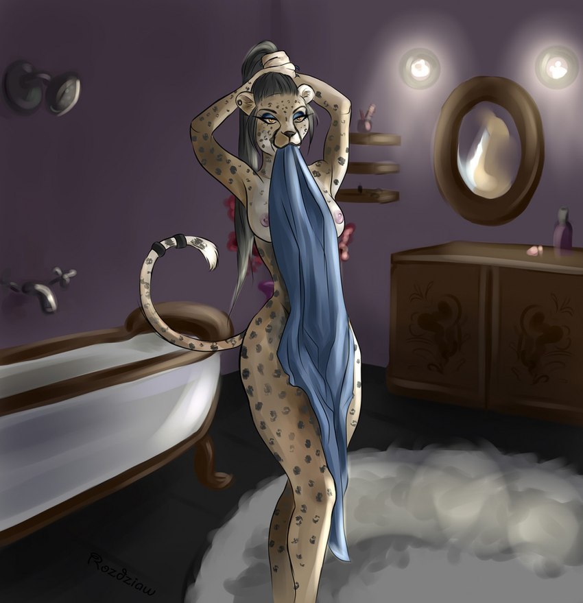 after_bath anthro bath bathroom bathtub biting_object breasts claw_foot_bathtub female fur holding_object holding_towel markings mirror nipples nude solo spots spotted_body spotted_fur spotted_markings spotted_tail standing tail tail_markings towel towel_only rozdziawke cheetah felid feline mammal 2016 digital_media_(artwork) hi_res