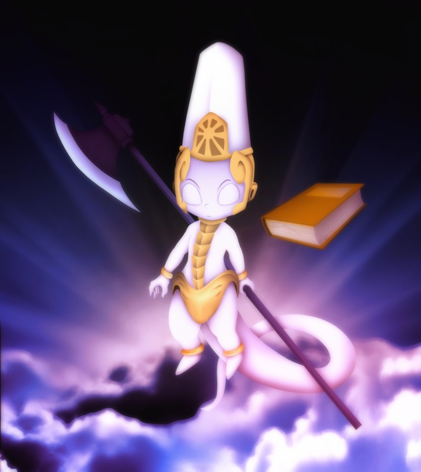 5_fingers book clothing cloud fingers headgear headwear holding_object holding_weapon male purple_background simple_background solo tail weapon white_body white_eyes white_tail amegared shaman_king shamash spirit hi_res