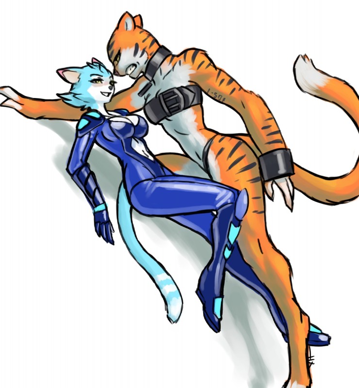 anthro blush breasts clothing duo female simple_background smile suit white_background luigiix rosie_(ionic44) wild_(ionic44) domestic_cat felid feline felis mammal pantherine tiger hi_res