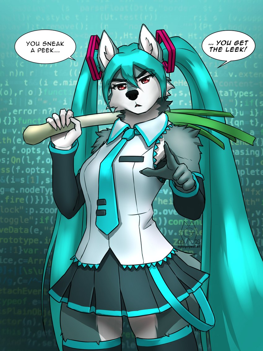 5_fingers alternate_species anthro bottomwear clothing code dialogue female fingers food furrification holding_food holding_object leek looking_at_viewer onion plant school_uniform skirt solo text uniform vegetable mykegreywolf vocaloid hatsune_miku canid canine canis mammal wolf 2023 3:4 absurd_res digital_media_(artwork) english_text hi_res