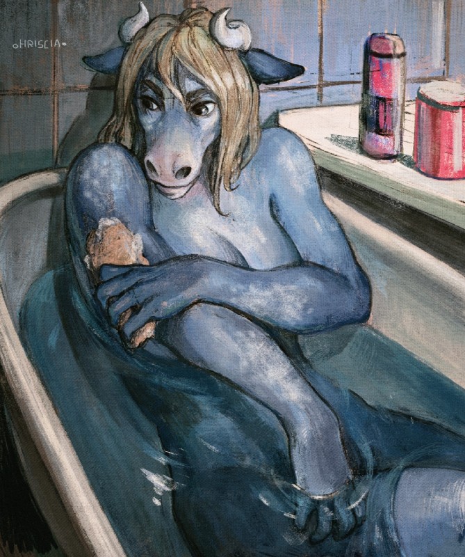 anthro bath bathing bathtub blue_body blue_fur breasts convenient_censorship female fur grey_eyes horn nude solo sponge tasteful_nudity hriscia bovid bovine cattle mammal hi_res traditional_media_(artwork)