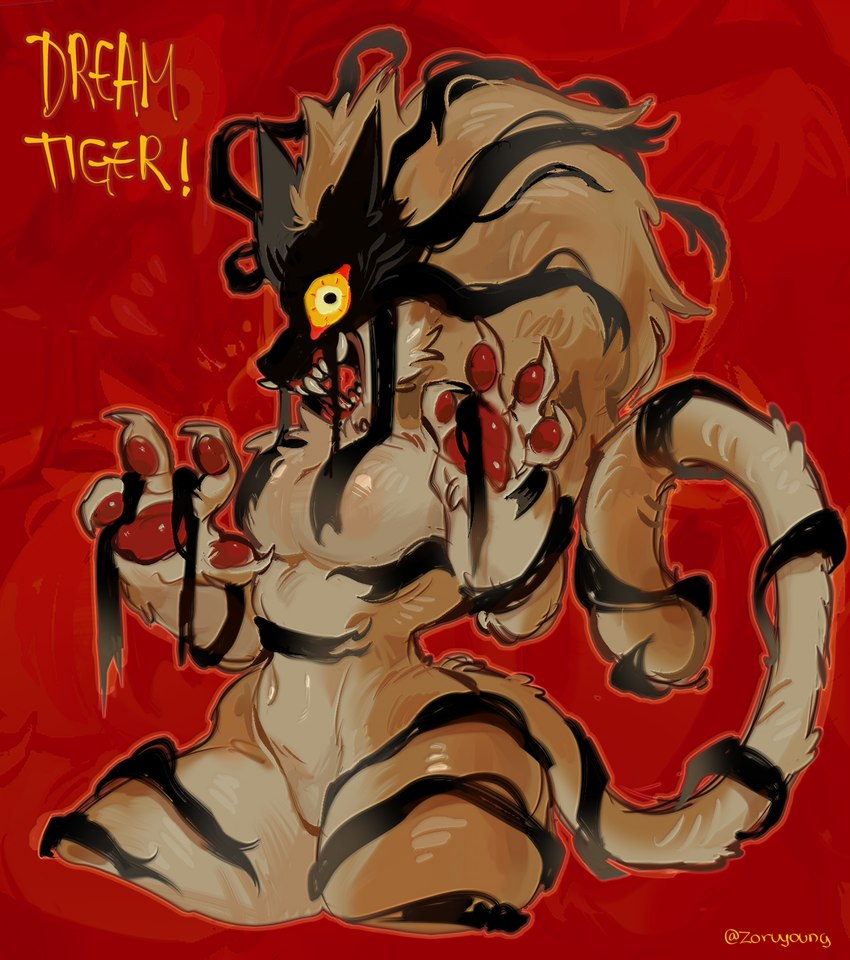 anthro fangs female fur hair looking_at_viewer pawpads red_background red_pawpads side_view simple_background solo tan_body tan_fur teeth text yellow_eyes zoruyoung dream_tiger_(govy9807) felid mammal monster pantherine tiger hi_res