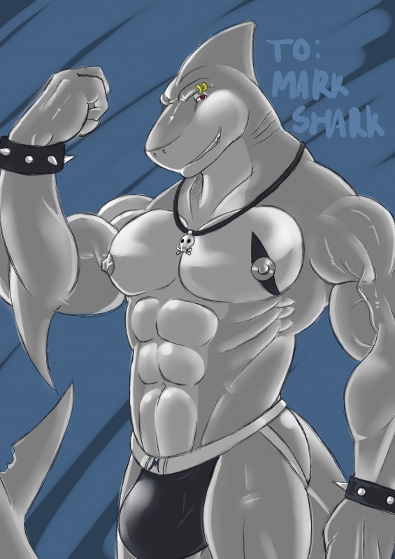 abs anthro biceps big_muscles biped bracelet bulge clothed clothing eyebrow_piercing eyebrow_ring facial_piercing flexing fur grey_body jewelry jockstrap looking_at_viewer male muscular muscular_anthro muscular_male necklace nipples pecs piercing pose ring_piercing simple_background solo standing tail teeth topless underwear vein crystalryder markshark fish great_white_shark mackerel_shark marine shark white_shark 2012 absurd_res hi_res