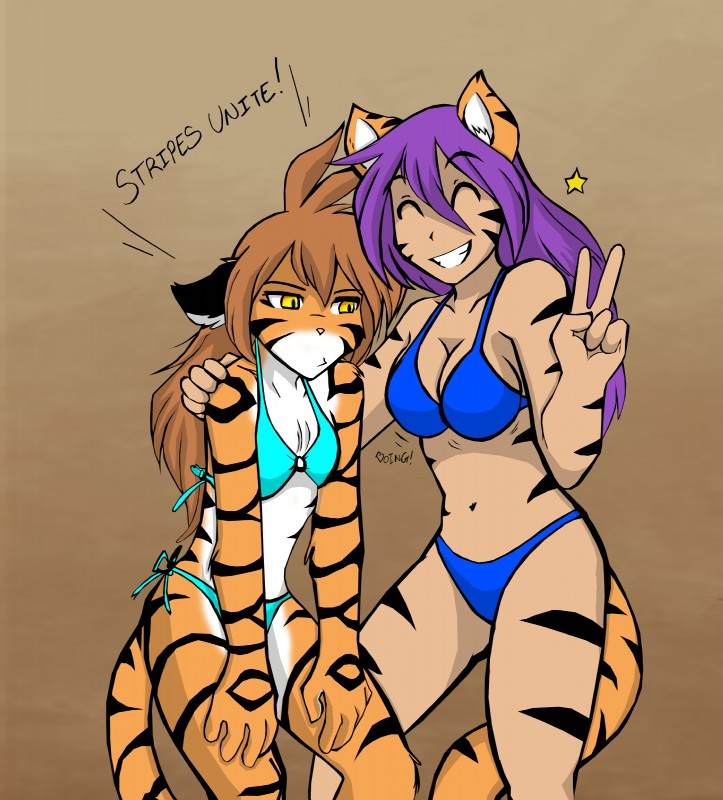 5_fingers anthro big_breasts bikini black_stripes bouncing_breasts breast_envy breast_size_difference breasts brown_background brown_hair clothed clothing countershading duo eyes_closed facial_markings female fingers fur gesture grin hair hand_gesture head_markings long_hair looking_at_another looking_at_another's_breasts looking_at_breasts markings midriff navel orange_body orange_fur pose purple_hair simple_background skimpy small_breasts smile standing striped_body striped_fur stripes swimwear tail text two-piece_swimsuit v_sign yellow_eyes anonymous_artist conditional_dnp third-party_edit tom_fischbach twokinds yosh!_comics flora_(twokinds) kate_summers animal_humanoid cat_humanoid felid felid_humanoid feline feline_humanoid humanoid keidran mammal mammal_humanoid pantherine tiger 2017 absurd_res adobe_photoshop_(artwork) color_edit colored digital_media_(artwork) english_text hi_res