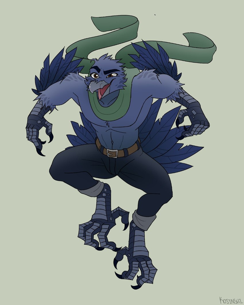 anthro beak blue_body blue_feathers feathers green_scarf male open_beak open_mouth open_smile scarf smile solo bookabashka artfight avian bird corvid corvus_(genus) crow oscine passerine 4:5 full-length_portrait hi_res portrait